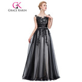 Grace Karin 2018 Soft Tulle Lace Long Black Appliques Evening Dresses Elegant Sequin Sleeveless Formal Evening Dress Party Gowns