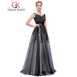 Grace Karin 2018 Soft Tulle Lace Long Black Appliques Evening Dresses Elegant Sequin Sleeveless Formal Evening Dress Party Gowns