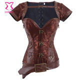 Gothic Clothing Black Brocade And Leather Steampunk Corset Sexy Corselete Feminino Espartilhos Plus Size Corsets and Bustiers