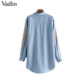 Vadim elegant floral embroidery denim loose long shirts long sleeve blouses ladies office wear oversized tops blusas LT2805