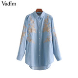 Vadim elegant floral embroidery denim loose long shirts long sleeve blouses ladies office wear oversized tops blusas LT2805