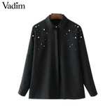 Vadim elegant beading pearls black shirts turn-down collar blouse long sleeve female casual office wear tops blusas LT2247
