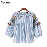 Vadim cute birds embroidery striped pleated shirts tassles half sleeve chic o neck blouse fashion casual loose tops blusas