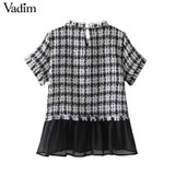 Vadim bow tie collar plaid tweed patchwork pleated shirts tassels ruffled ham short sleeve blouse casual tops blusas DT1315