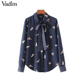 Vadim cute bird print shirts sweet dots bow tie neck long sleeve pleated blouses vintage loose ladies casual tops blusas LT2288