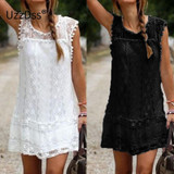UZZDSS Summer Dress 2018 Women Casual Beach Short Dress Tassel Black White Mini Lace Dress Sexy Party Dresses Vestidos S-XXL UZZDSS Summer Dress 2018 Women Casual Beach Short Dress Tassel Black White Mini Lace Dress Sexy Party Dresses Vestidos S-XXL