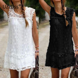 UZZDSS Summer Dress 2018 Women Casual Beach Short Dress Tassel Black White Mini Lace Dress Sexy Party Dresses Vestidos S-XXL UZZDSS Summer Dress 2018 Women Casual Beach Short Dress Tassel Black White Mini Lace Dress Sexy Party Dresses Vestidos S-XXL