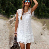 UZZDSS Summer Dress 2018 Women Casual Beach Short Dress Tassel Black White Mini Lace Dress Sexy Party Dresses Vestidos S-XXL