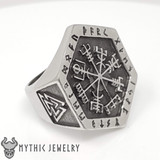 Viking Compass Vegvisir Ring - With Valknut Symbols - Hexagon