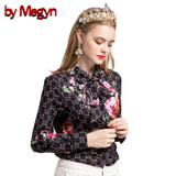 by Megyn women fashion shirts long sleeve shirt 2017 winter female floral print bow necktie blouses plus size 3XL shirt blusas