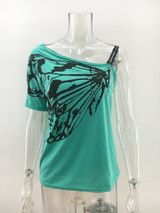 Butterfly Wing Print T-Shirt Women Cotton One Shoulder Loose Short Sleeve Tshirt New Design Black Cute Summer Tops Tees **