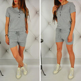 Button Front Up Rompers Womens Jumpsuit Shorts O-Neck Short Sleeve Loose Summer Jumpsuit Casual Women'S Trackisuits