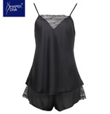 Burvogue Women New Spaghetti Strap Lace Pajamas Sexy Pajama Sets Deep V Camisole Satin Pajamas Shorts Set Sleepwear Nightdress