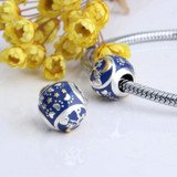 DIY Charm 925 Sterling Silver Blue Enamel Cylindrical Bracelet Beads