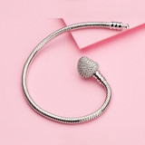 DIY 925 Sterling Silver Heart-shaped Charm Inlaid Snake Bone Chain Bracelet