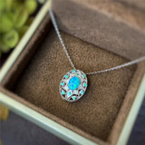18K Gold Oval Cut Natural Opal Diamond Paraiba Exquisite Pendant Necklace