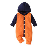 Baby Boys Button Hooded Long Sleeve Color Block Romper Babywear Wholesale