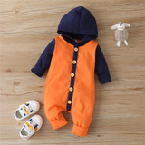Baby Boys Button Hooded Long Sleeve Color Block Romper Babywear Wholesale