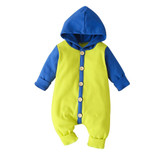 Baby Boys Button Hooded Long Sleeve Color Block Romper Babywear Wholesale