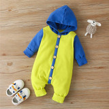 Baby Boys Button Hooded Long Sleeve Color Block Romper Babywear Wholesale