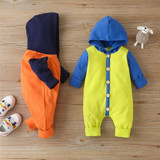 Baby Boys Button Hooded Long Sleeve Color Block Romper Babywear Wholesale