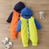 Baby Boys Button Hooded Long Sleeve Color Block Romper Babywear Wholesale