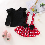 Toddler Girls 2-Piece Solid Color Top Polka Dot Suspender Skirt