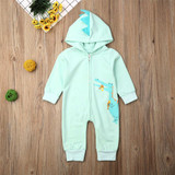 Baby Dinosaur Print Hooded Zipper Long Sleeve Rompers