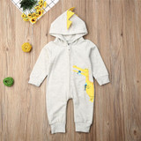 Baby Dinosaur Print Hooded Zipper Long Sleeve Rompers