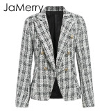 Vintage 2 piece set plaid blazer women Buttons double breast  blazer jackets work wear female blazer suits