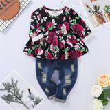 Baby Girls Rose Floral Printed Long Sleeve Top & Ripped Jeans Wholesale Baby Boutique Items