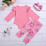 Baby Girl Ruffled Love You Floral Printed Long Sleeve Romper & Pants & Headband Baby Wholesale