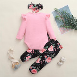 Baby Girls Solid Ruffled Long Sleeve Romper & Floral Printed Pants & Headband Baby Outfits