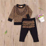 Girls Ruffled Leopard Printed Crew Neck Long Sleeve Top & Trousers Wholesale Girls