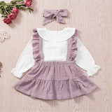 Girls Solid Color Long Sleeve Top & Suspender Skirt & Headband Baby Girl Wholesale