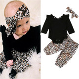Baby Girls Solid Tops&Printed Leopard Pants&Headband Baby Romper Wholesale