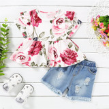 Girls Floral Printed Short Sleeve Top & Ripped Denim Shorts Girls Clothing Wholesale Girls Floral Printed Short Sleeve Top & Ripped Denim Shorts Girls Clothing Wholesale