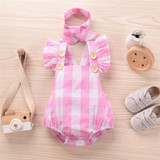 Baby Girls Plaid Sleeveless Button Romper & Headband Spanish Baby Clothes Wholesale