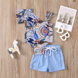 Baby Girls Flower Printed Irregular Collar Romper & Solid Shorts Wholesale Baby Clothes Suppliers