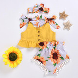 Baby Girls Yellow Bow Decor Sleeveless Top & Sunflower Shorts & Headband Baby Clothing Cheap Wholesale