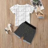 Boys Short Sleeve Pattern Puzzle Letter Printed Top & Plaid Shorts Boys Summer Outfits