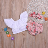 Baby Girls Solid Ball Collar Top & Floral Printed Shorts & Headband Cheap Bulk Baby Clothes