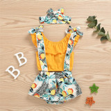 Baby Girls Solid Color Sleeveless Off Shoulder Top & Fruit Printed Suspender Skirt & Headband Baby Outfits