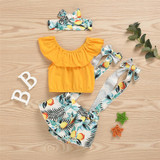 Baby Girls Solid Color Sleeveless Off Shoulder Top & Fruit Printed Suspender Skirt & Headband Baby Outfits