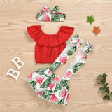 Baby Girls Solid Color Sleeveless Off Shoulder Top & Fruit Printed Suspender Skirt & Headband Baby Outfits