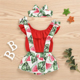 Baby Girls Solid Color Sleeveless Off Shoulder Top & Fruit Printed Suspender Skirt & Headband Baby Outfits
