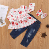Girls Crew Neck Floral Print Top & Jeans & Headband Toddler Girls Wholesale