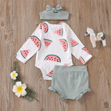 Baby Girls Watermelon Printed Romper & Shorts & Headband Wholesale