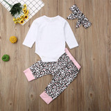 Baby Girls Letter Printed Long Sleeve Romper & Leopard Pants & Headband