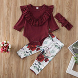 Baby Girls Ruffle Solid Rompers & Floral Pants & Headband Baby Girls Ruffle Solid Rompers & Floral Pants & Headband